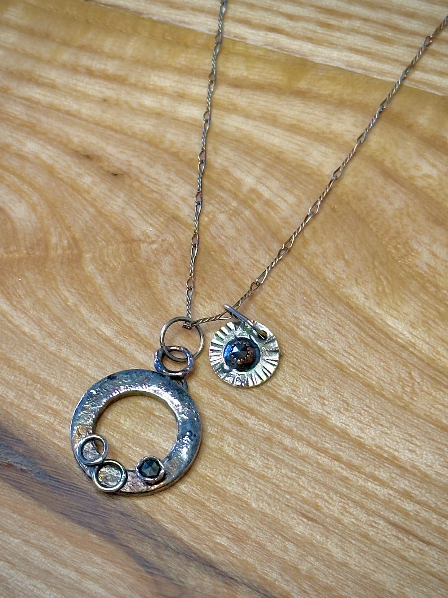 Sterling Silver with Rose cut Pyrites, double charm on Sterling Chain