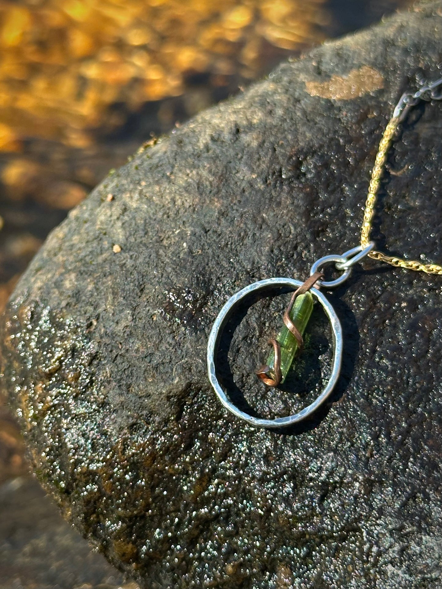 Green Tourmaline in Copper & Sterling Silver with 14k gf & Sterling Chain