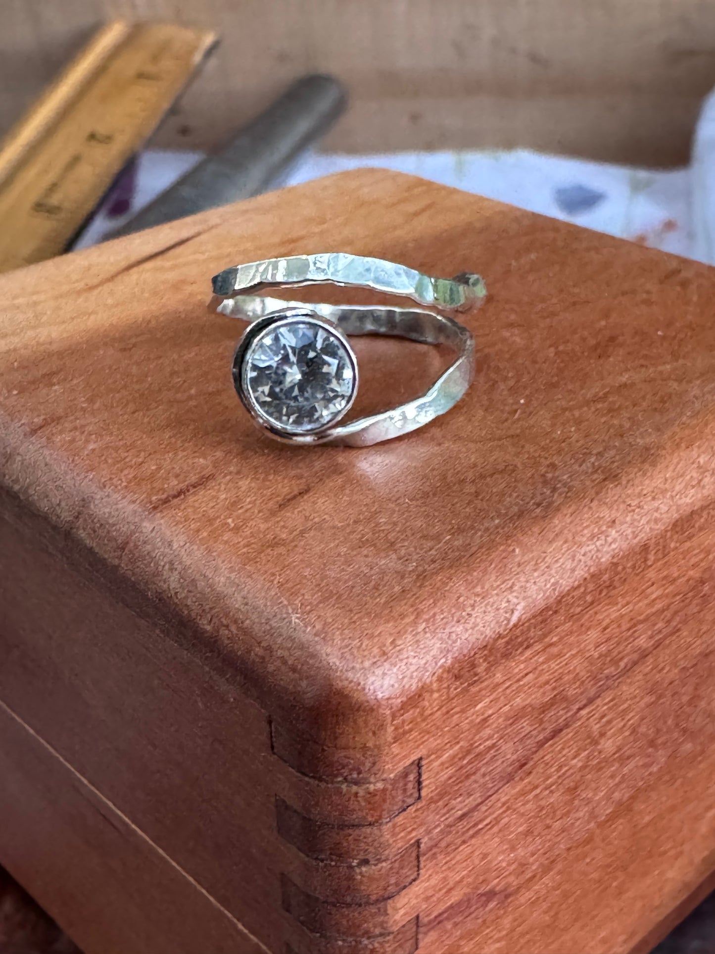 Sterling Silver White Sapphire hammered semi-adjustable Ring 6