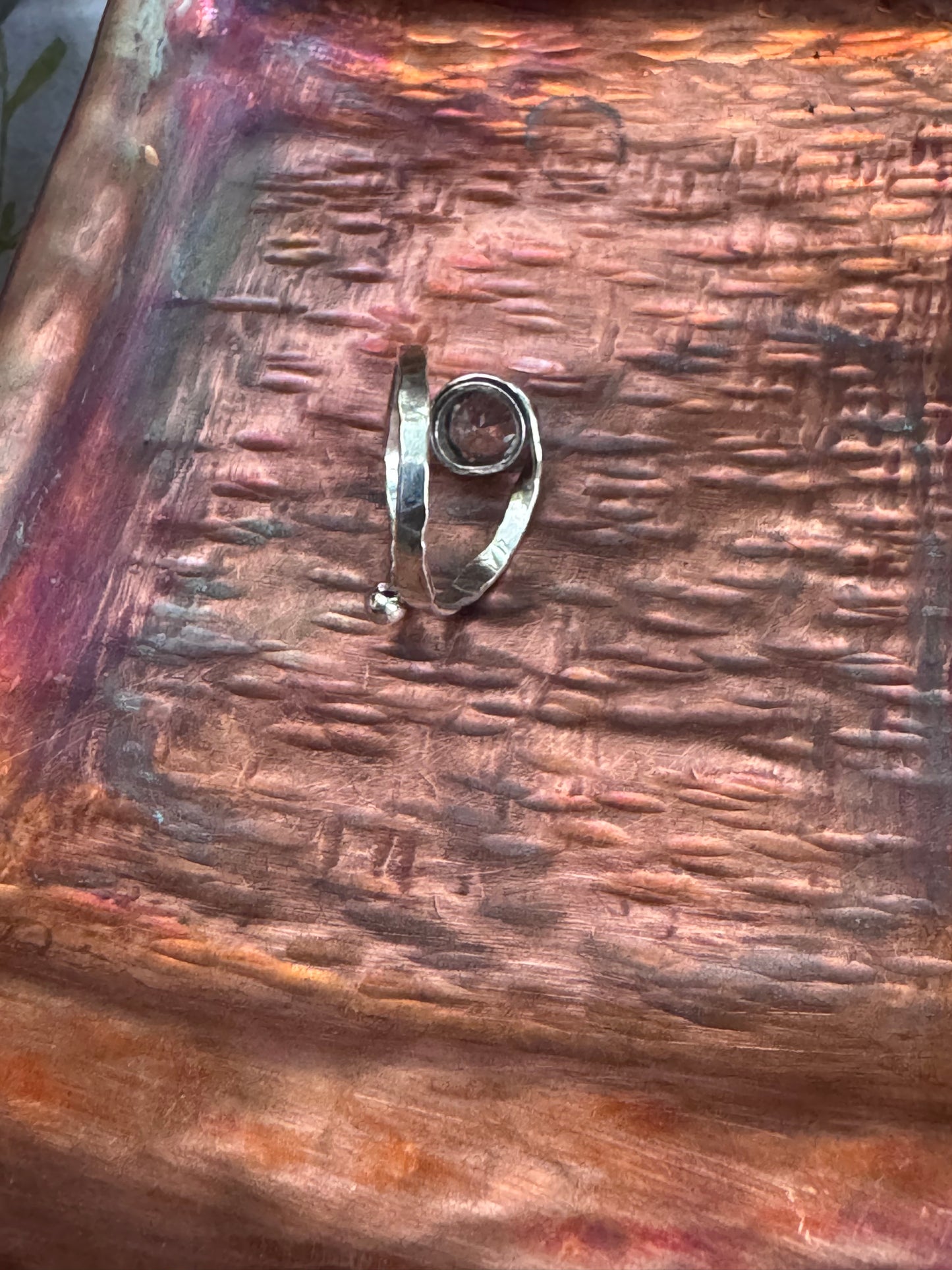 Sterling Silver White Sapphire hammered semi-adjustable Ring 6