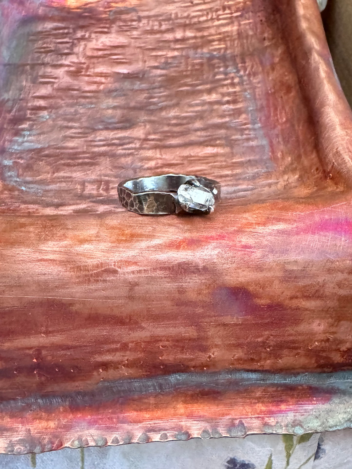 Hammered Sterling Silver with Natural Herkimer Ring - size 5