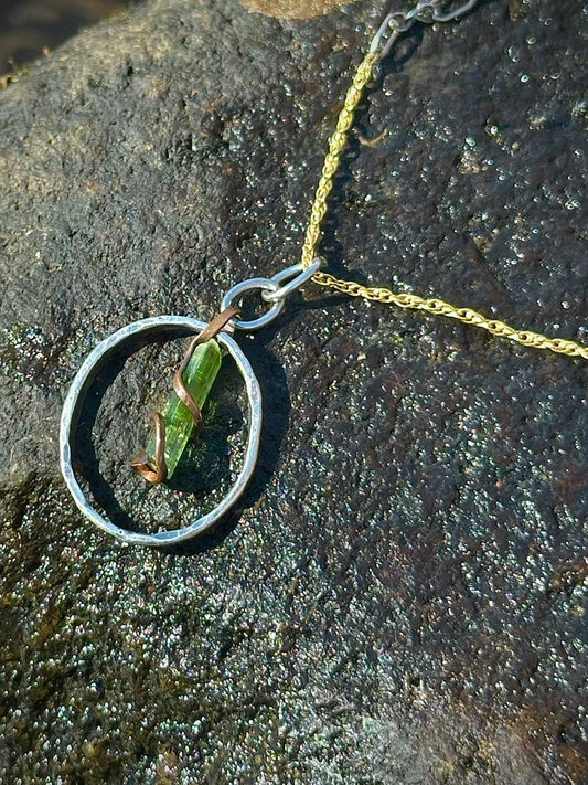 Green Tourmaline in Copper & Sterling Silver with 14k gf & Sterling Chain
