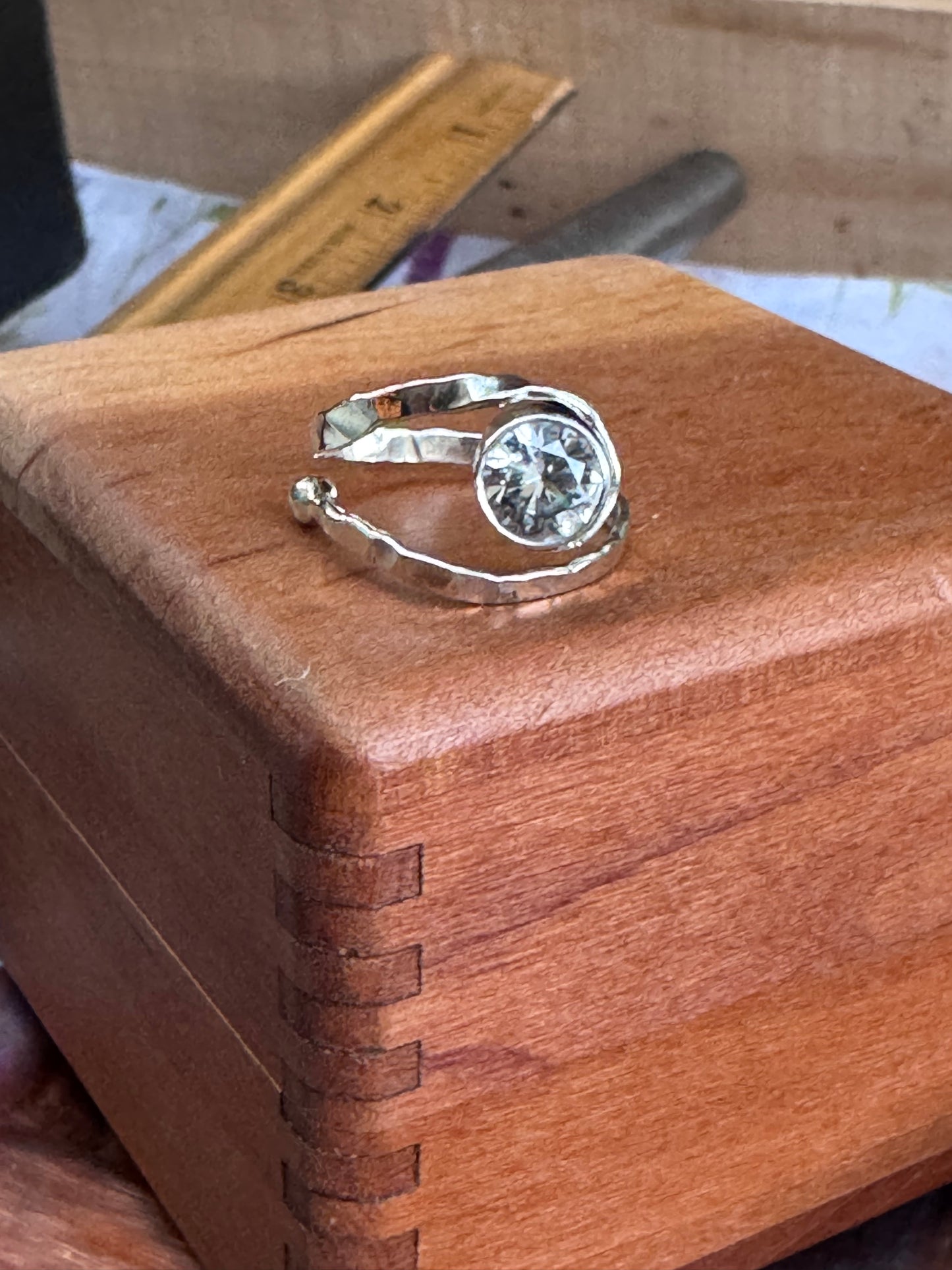 Sterling Silver White Sapphire hammered semi-adjustable Ring 6