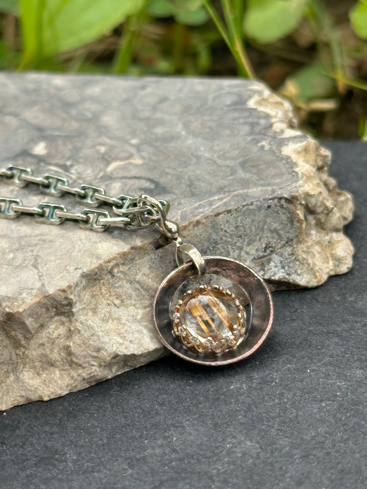 Copper Rutilated Quartz set in Sterling Silver, Pendant Necklace